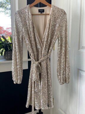 Bardot Semi-Formal Champagne-Silver Sequin Faux Wrap Dress